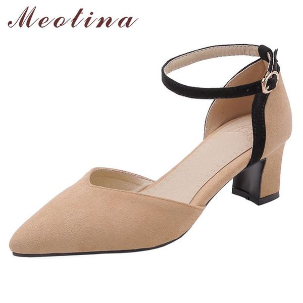 

dress shoes meotina high heels women pumps buckle chunky party elegant pointed toe ankle strap female plus size 33-46, Black
