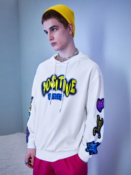 

men letter graphic cartoon patched drop shoulder hoodie v6hw#, Black