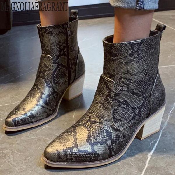 

boots serpentine women ankle side zipper pointed toe footwear thick high heels female boot shoes 2021 women's booties y220, Black
