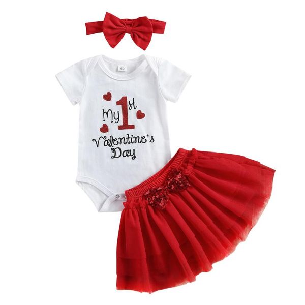 

born baby girl 3 piece outfits my first valentine's day letter printed romper and mesh tutu skirt set with headband clothing sets, White