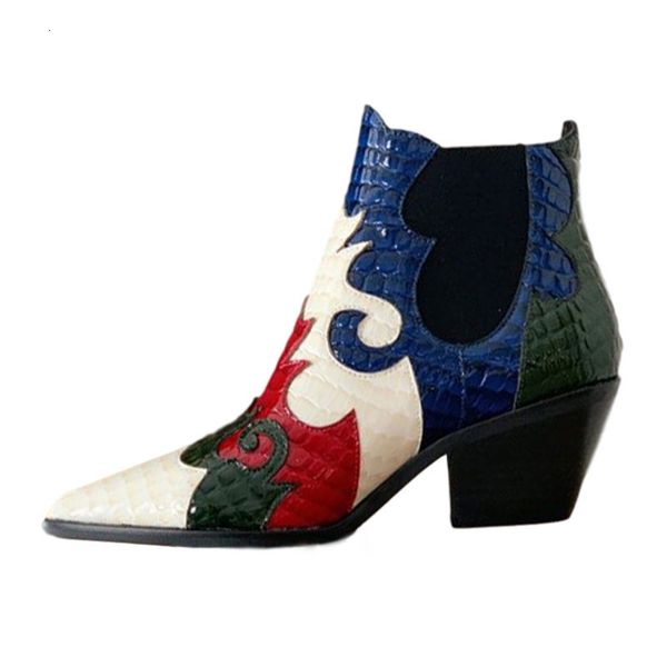 

boots multicolor pointed toe ankle botas women chunky high heels genuine leather patchwork short boots female western cowboy a0wr, Black