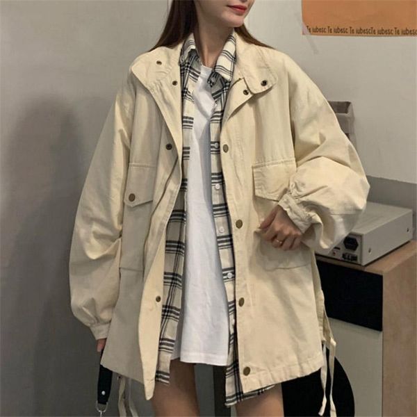 

women's jackets 2021 spring women loose cargo jacket streetwear batwing long sleeve pockets coat vintage autumn solid casual korean sty, Black;brown