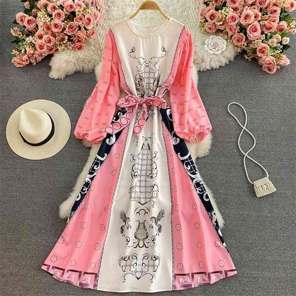 

retro ethnic style totem print waist maxi vestidos female bubble sleeve loose round neck temperament big swing dress gk446 210506, Black;gray