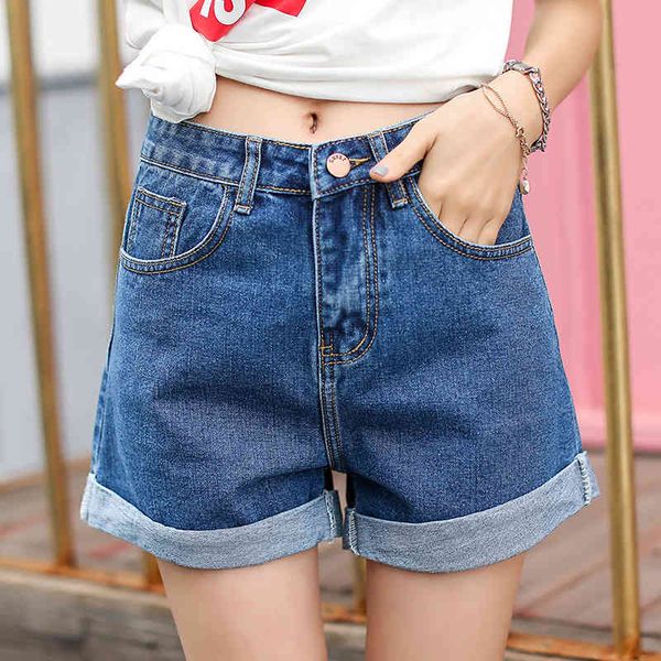 

fashion a pair of jeans 2021 loose and thin a-line wide leg pants student women's shorts, Blue