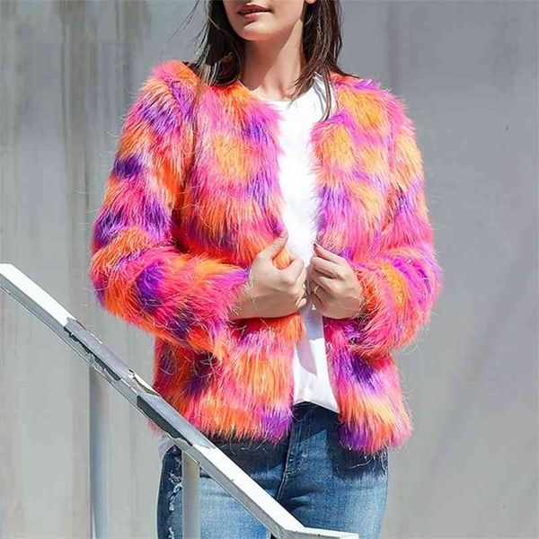 

winter gradual color warm coat vintage print female faux fur jackets casual street wear lady loose outwear 210519, Black