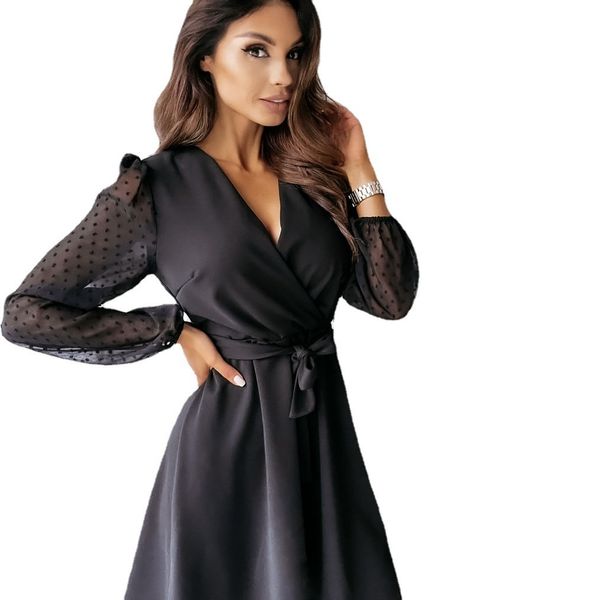 

fashion dress 2021 lace long sleeve waist tie slim v-neck, Black;pink