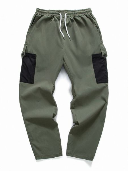 

men contrast panel patched pocket drawstring waist pants v1ln#, Black