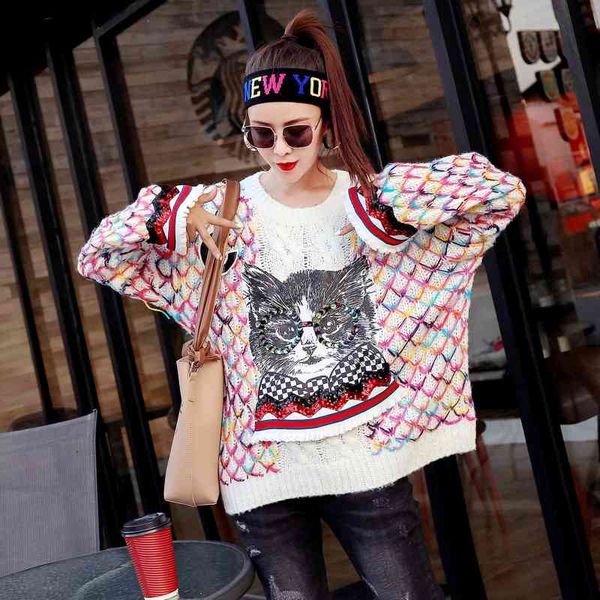 

sweaters popular autumn/winter heavy industry sequined cloth cat loose sweater knitted blouse with bead wire for women, White;black
