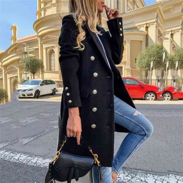 

faux wool blends women long coats trench notch collar double breasted vintage elegant lady plus size jackets winter outerwear 210902, Black