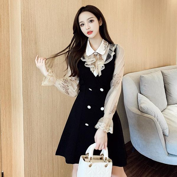 

casual dresses dress 2021 autumn sequin embroidery mesh sleeve stitching doll collar female fashion women's clothing, Black;gray