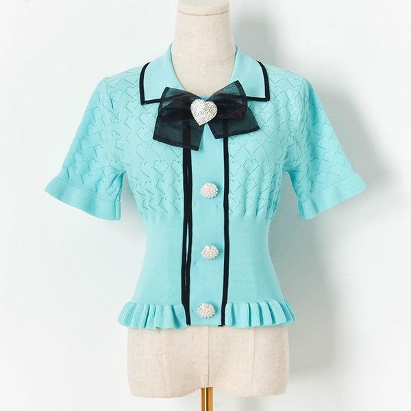 

women's t-shirt luxury women summer elegant pink pearl button bow short-sleeved kniwear tee lapel ruffles white clothes