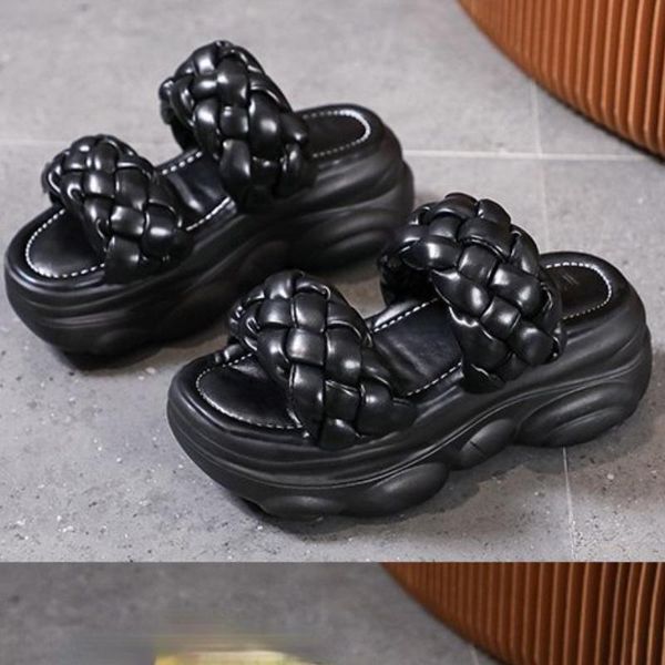 

summer women slipper brand weave sandals fashion women's 2021casual beach flip flops thick bottom slippers, Black