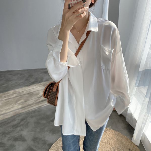 

autumn new design solid full retro loose turn down collar shirts 210421, White
