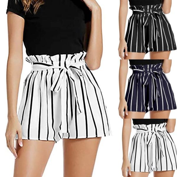 

women's shorts 2021 summer loose soft thin ladies high waist wide leg casual stripe frenulum short for women elastic, White;black