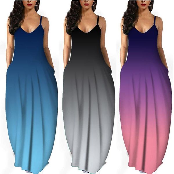 

casual dresses summer women gradient sleeveless v neck maxi dress beach long dres personality fashion sexy, Black;gray