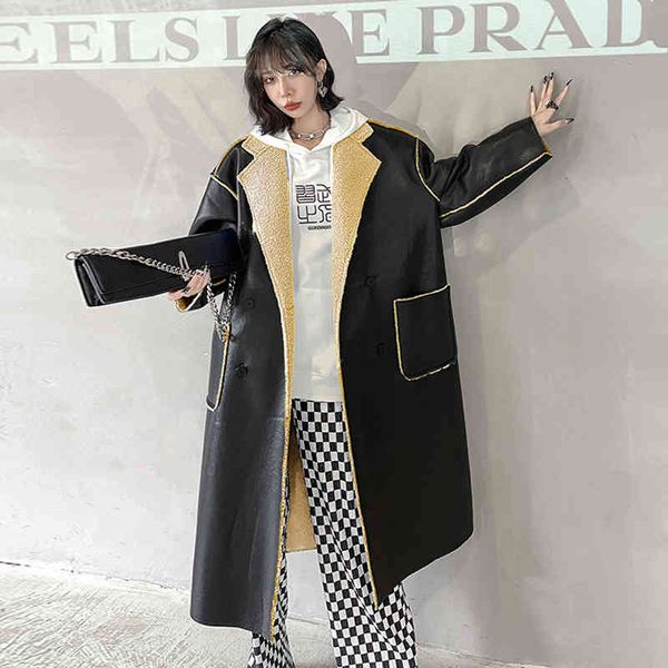 

women's wool & blends [eam] loose fit color-block big size lambswool jacket lapel long sleeve women coat fashion spring autumn 2022 1de, Black