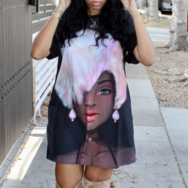 

african ladies casual loose t shirt dress round neck black charater printed 2021 summer women short mini plus size dresses 2021, Black;gray