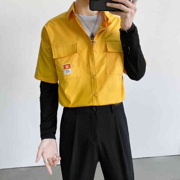 

men's casual shirts moda novo fake-2pieces camisas soltas roupas masculinas manga longa simples bolsos frontais blusa homme streetwear, White;black