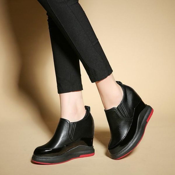 

dress shoes cow leather high heels women casual platform sneakers wedges height increasing slip on female footwear, Black