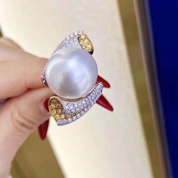 

cluster rings d116 pearl ring jewelry 925 sterling silver natural fresh water 12-11mm round white peals for women fine pearls, Golden;silver