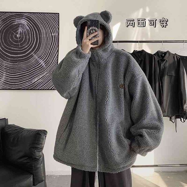 

men's jackets casaco de inverno masculino lÃ£ coriro com capuz acolchoado jaqueta personalida espessada dupla face wear grunge preppy al, Black;brown