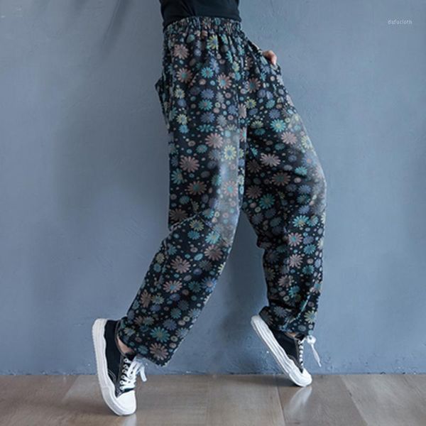 

autumn women loose casual elastic waist harem pants cotton denim flower print ankle-length jeans plus size a580 women's, Blue