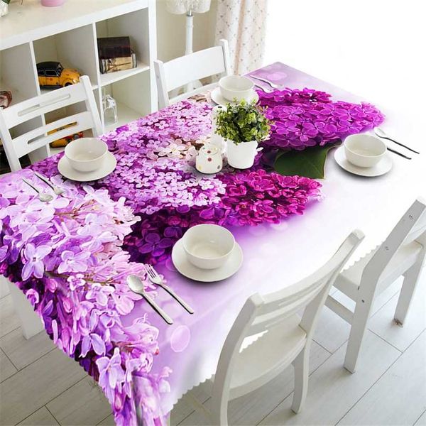 Europeia rodada 3d toalha de mesa roxo flores flores padrão lavável poliéster pano retangular mesa tampa decoração de casamento 211103