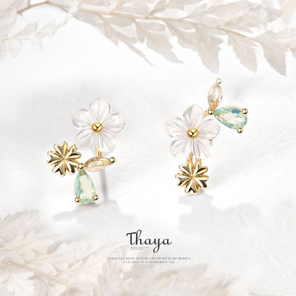 

thaya original design stud 100% 925 sterling silver sun flower zircon for women sliver glod earring fine jewelry, Golden;silver