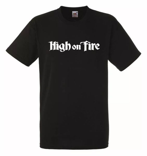 

high on fire logo black mens t-shirt men rock band tee shirt, White;black