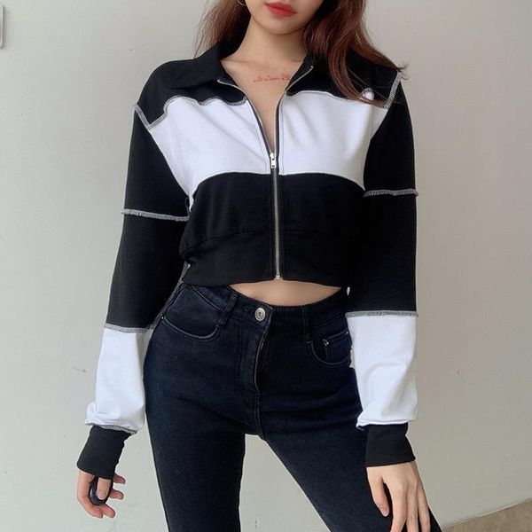 

casual patchwork loose korean jacket autumn long sleeve streetwear short outerwear women's sporty clothes jackets, Black;brown