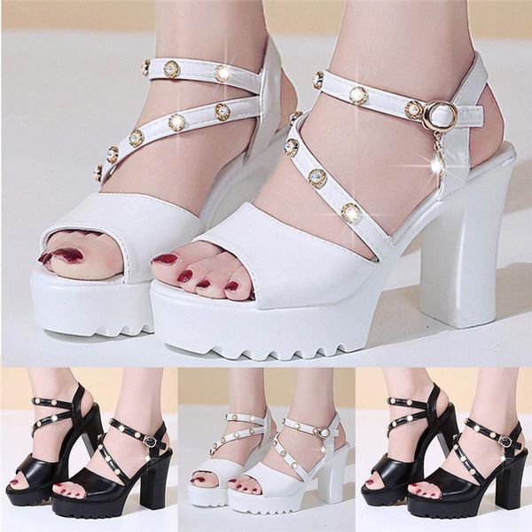 

sandals women fashion crystal solid peep toe buckle casual shoes high heels platform, Black