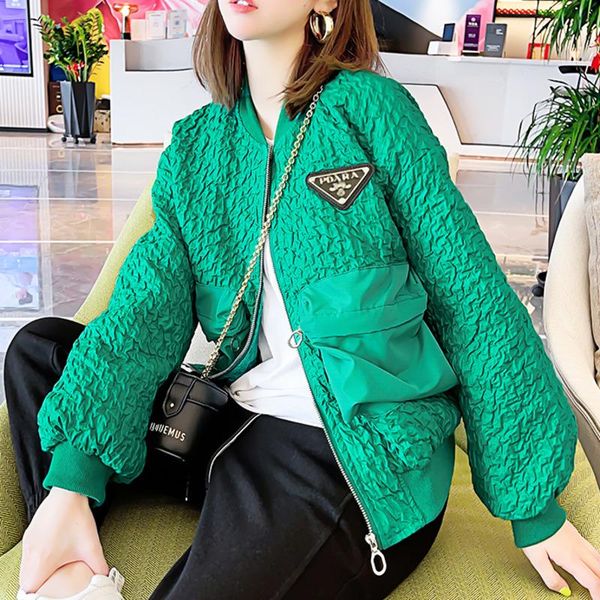 

women's jackets [ewq] korea chic casual trend women o neck zipper pockets loose fashion pleated long-sleeved baseball jacket autumn 202, Black;brown