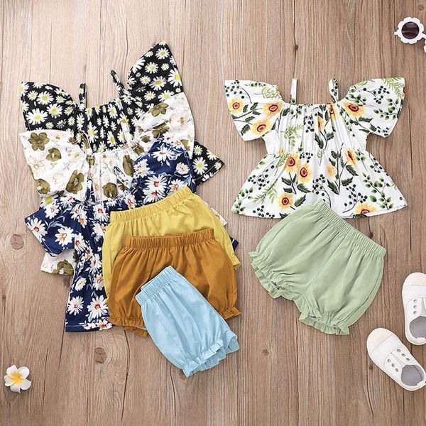 

infant clothing sets girls outfits baby clothes children suit wear kids summer flower printed shorts 2pcs suits b6738, White