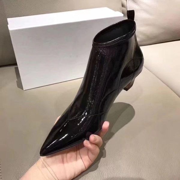 

boots patent leather woman ankle pointed toe mid heel ladies shoes luxury designer brand fashion 2021 zapatos de mujer, Black