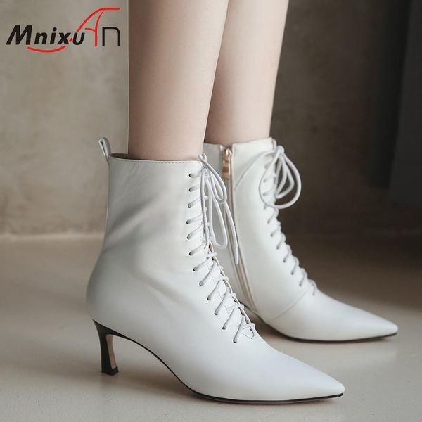 

boots winter women white high heels ankle 2021 pointed toe lace up stiletto ladies dress booties black plus size 42 43
