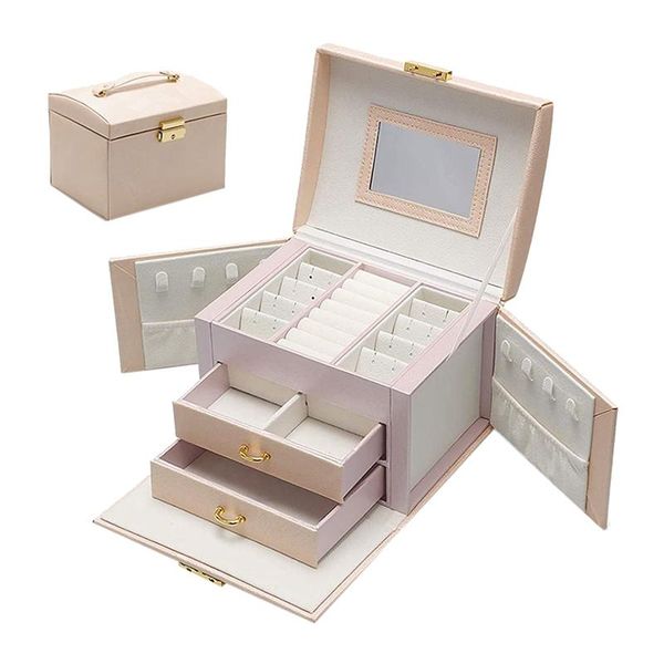 

jewelry box large capacity earrings necklace with mirror watch inlaid storage pink cosmetic bags & cases