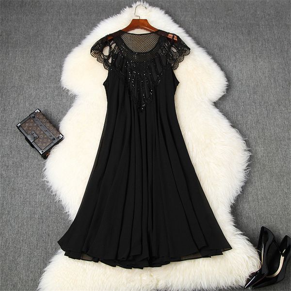 

superior quality of luxury beading dressed women clothes summer elegant sleeveless crocheted degrees loose chiffon dress, Black;gray