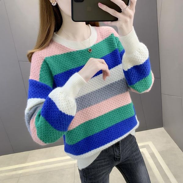 

women's sweaters room 215626, row 3, under no. 2] real shooting stripe color matching round neck pullover knitted sweater [1075] 40, White;black