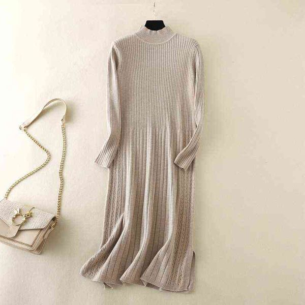 

knitted elegant women sweater dress autumn winter thick warm long midi dress solid office ladies a line sweater dresses clothes y1204, Black;gray
