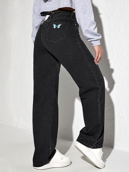 

butterfly print wide leg jeans g1za#, Blue