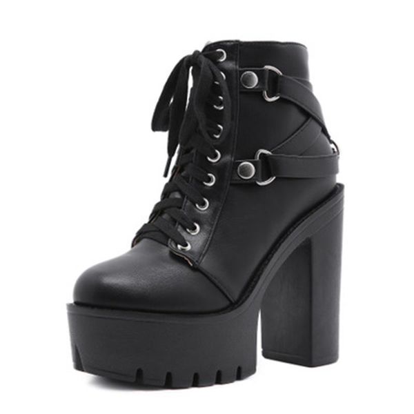 

boots women platform punk ankle ladies lace up black high heels female gothic square heel woman soft leather pumps women's shoes