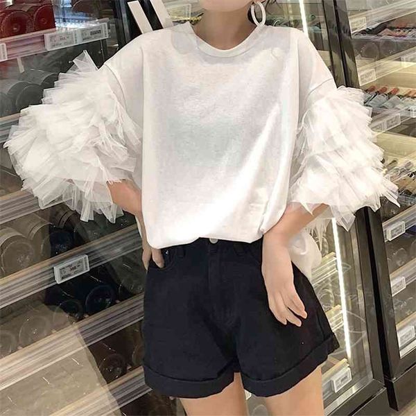 

summer oversized t women short mesh cotton tees shirt femme puff sleeve korean streetwear 210416, White