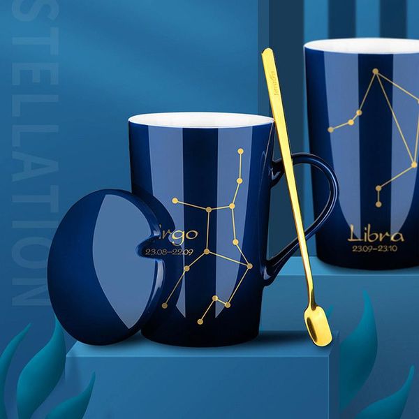 

450ml 12 constellation ceramic mug taurus gift cup with lid spoon household milk coffee creative phnom penh water mugs