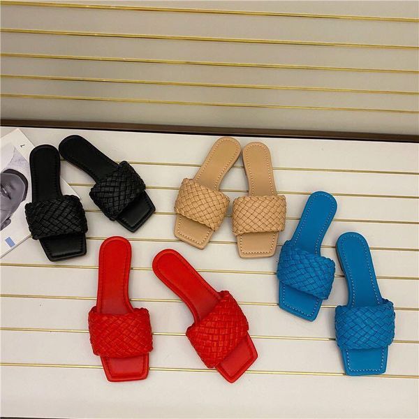 

women's flat slippers plaited fashion square toe woman shoes lattice ladies slides casual comfort open female mules summer, Black