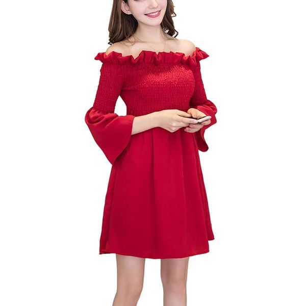 

casual dresses korean spring solid color slash neck slim dress women flare long sleeve fashion strapless vestido de festa, Black;gray