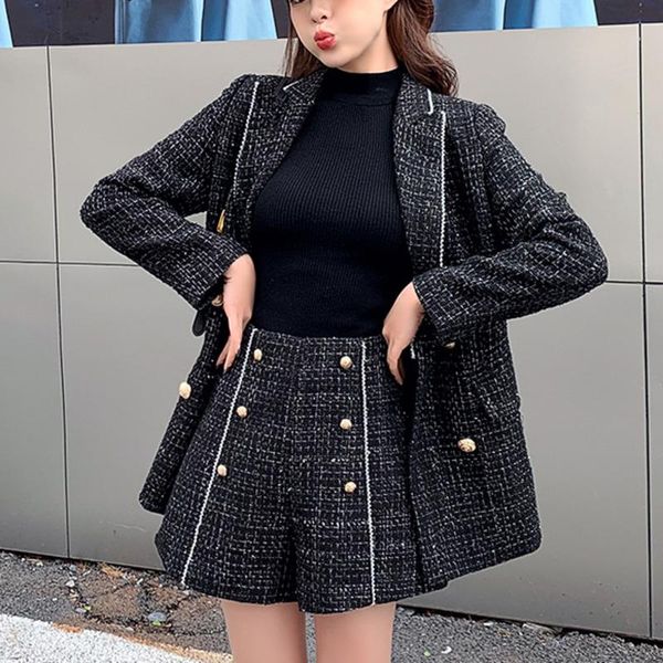 

women's tracksuits autumn winter vintage tweed 2 piece set women woolen jacket coat + shorts sets small fragrance two pant suit, Gray