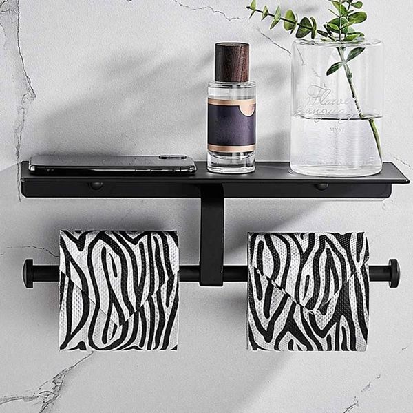 

toilet paper holders double roll holder shelf wall mount, bathroom dual tissue rolling with phones/wipes storage rack matte black