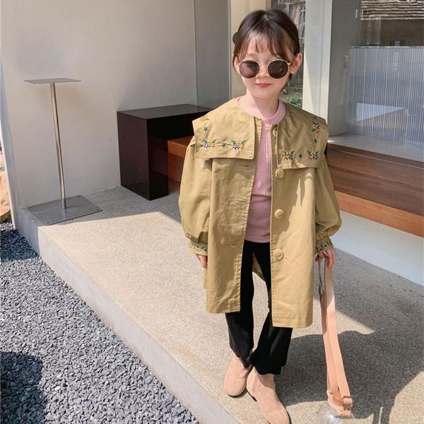 

coat korean style autumn girls big turn down collar embroidery wind coats children solid color oversized long trench jackets, Blue;gray