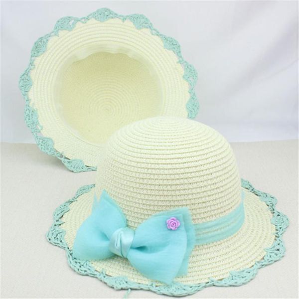 

wide brim hats korean kids hat bow woven crochet sun summer cool cap basin hap tide, Blue;gray
