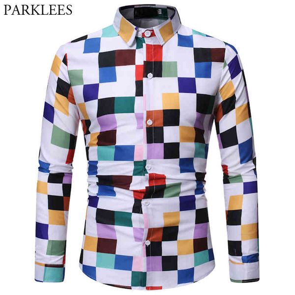 

colorful plaid men shirt casual slim fit men long sleeve lapel button up shirt mens fashion splice daily party shirts men dress 210524, White;black